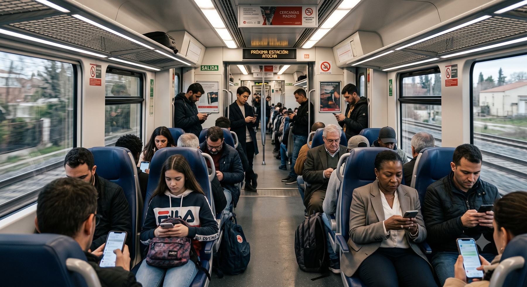 A train carriage full of commuters, each absorbed in their phone
